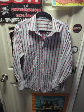 Bugatchi Uomo Shirt Adult XL Blue Red Window Pane Check Button Up Long Sleeve